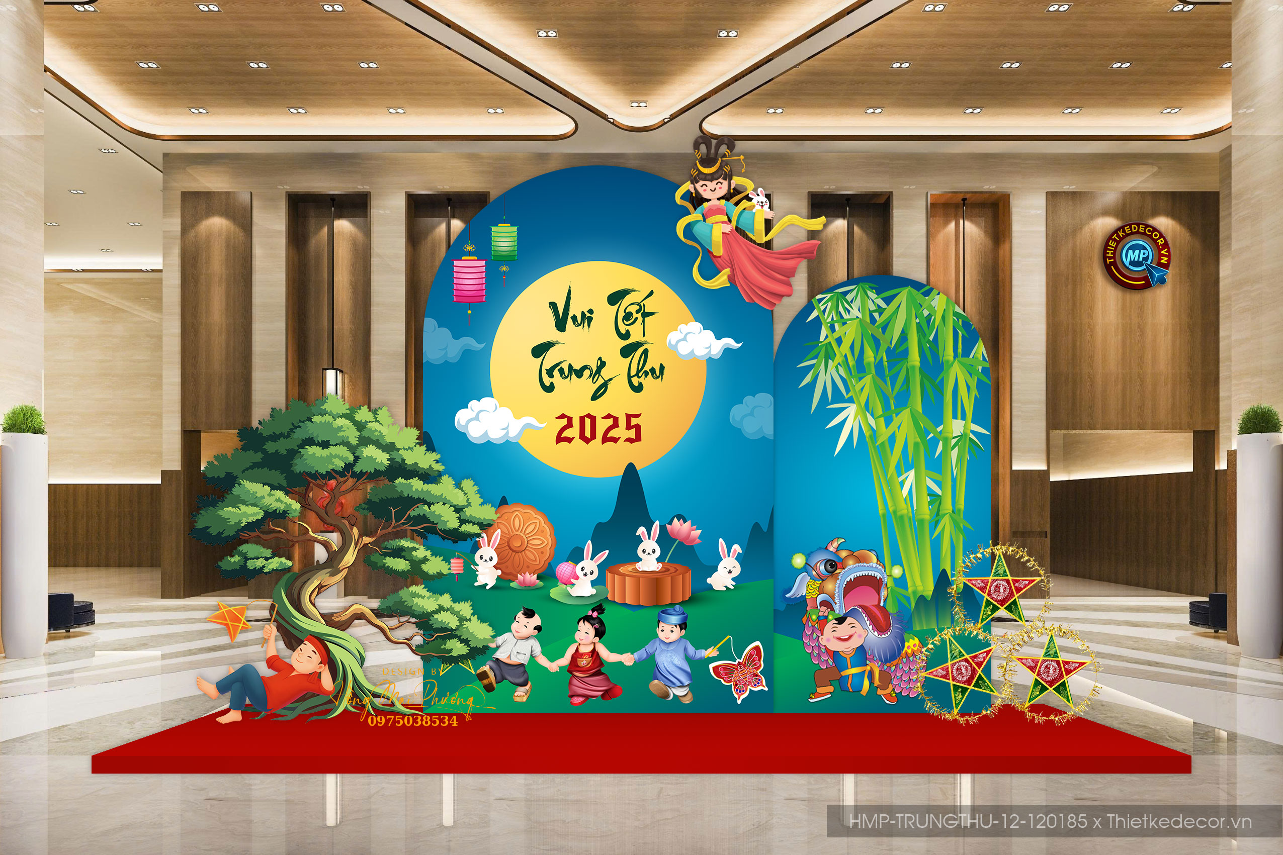 Vui tết trung thu cây đa chú cuội tone xanh dương mix xanh lá